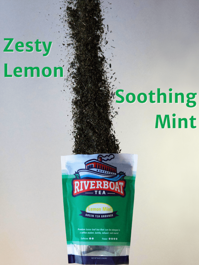 Riverboat Tea Lemon Mint Loose Leaf Green Tea Benefits with Falling Tea