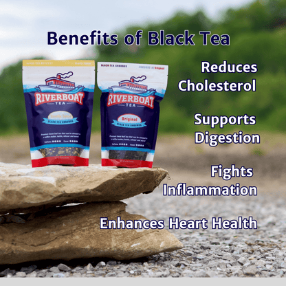 Two packages of Riverboat Black Tea on rocks with text listing benefits