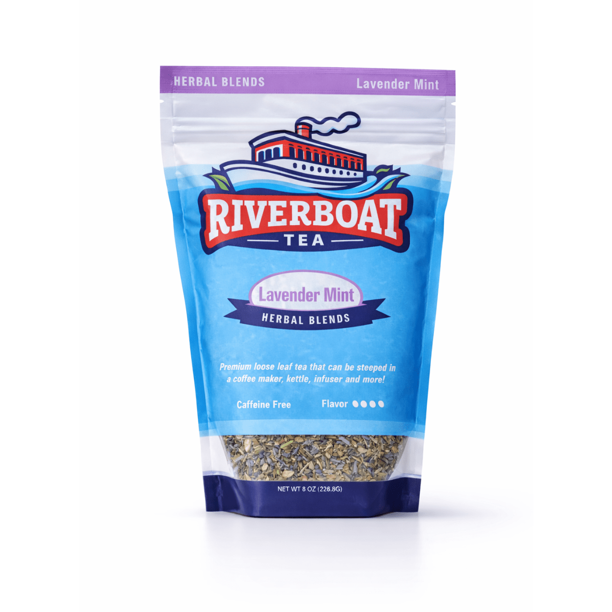 Riverboat Tea Lavender Mint herbal blend packaging on a white background