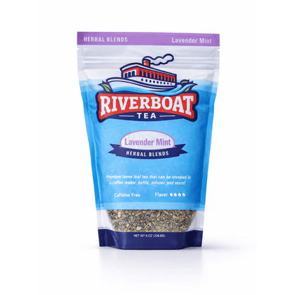 Riverboat Tea Lavender Mint herbal blend packaging on a white background