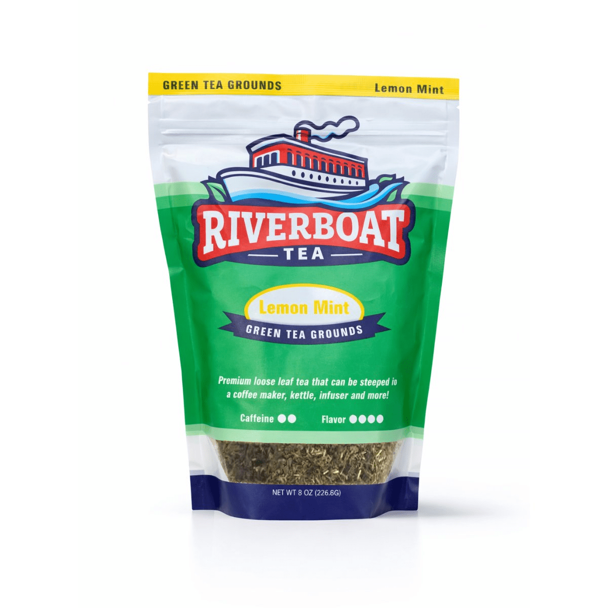 Riverboat Tea Lemon Mint Green Tea Grounds package on a white background