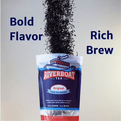 Riverboat Tea package with black tea grounds spilling out, labeled 'Bold Flavor' and 'Rich Brew'.