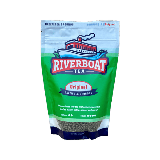 Green bag of Riverboat Tea on a white background