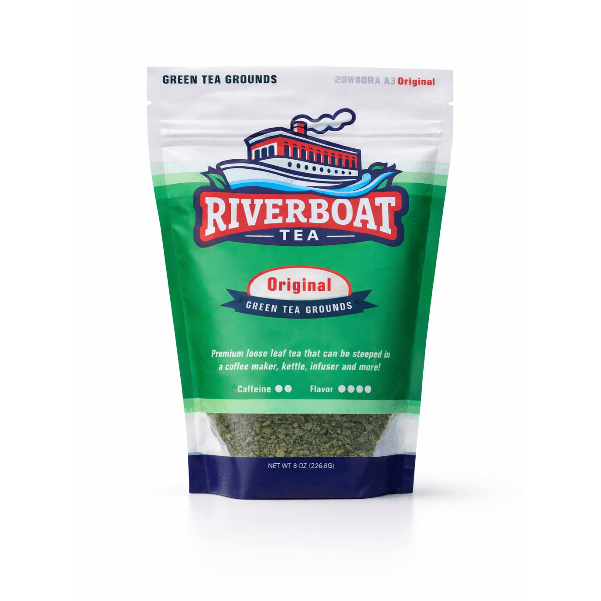 Riverboat Tea green tea grounds package on a white background