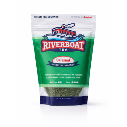 Riverboat Tea green tea grounds package on a white background