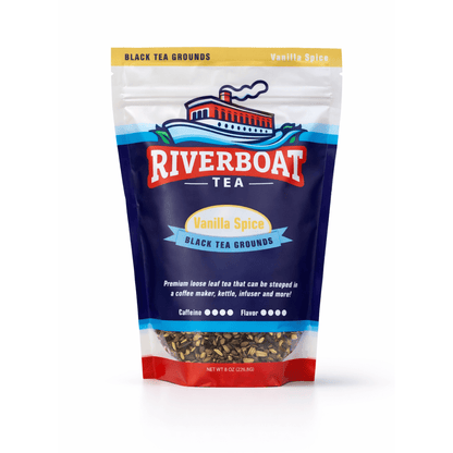 Riverboat Tea Vanilla Spice black tea package on a white background