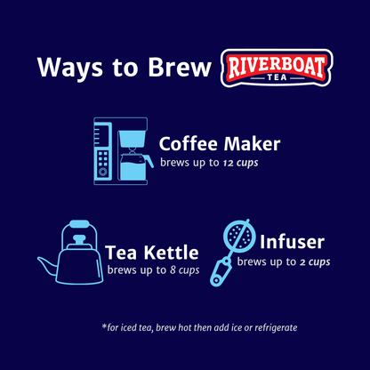 Riverboat Tea advertisement showing different brewing methods on a blue background